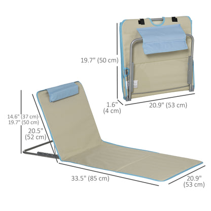 Set of 2 Beach Lounge Chair, Folding Ground Beach Mat w/ Adjustable Back, Steel Frame, Head Pillow and Carry Bag, Beige
