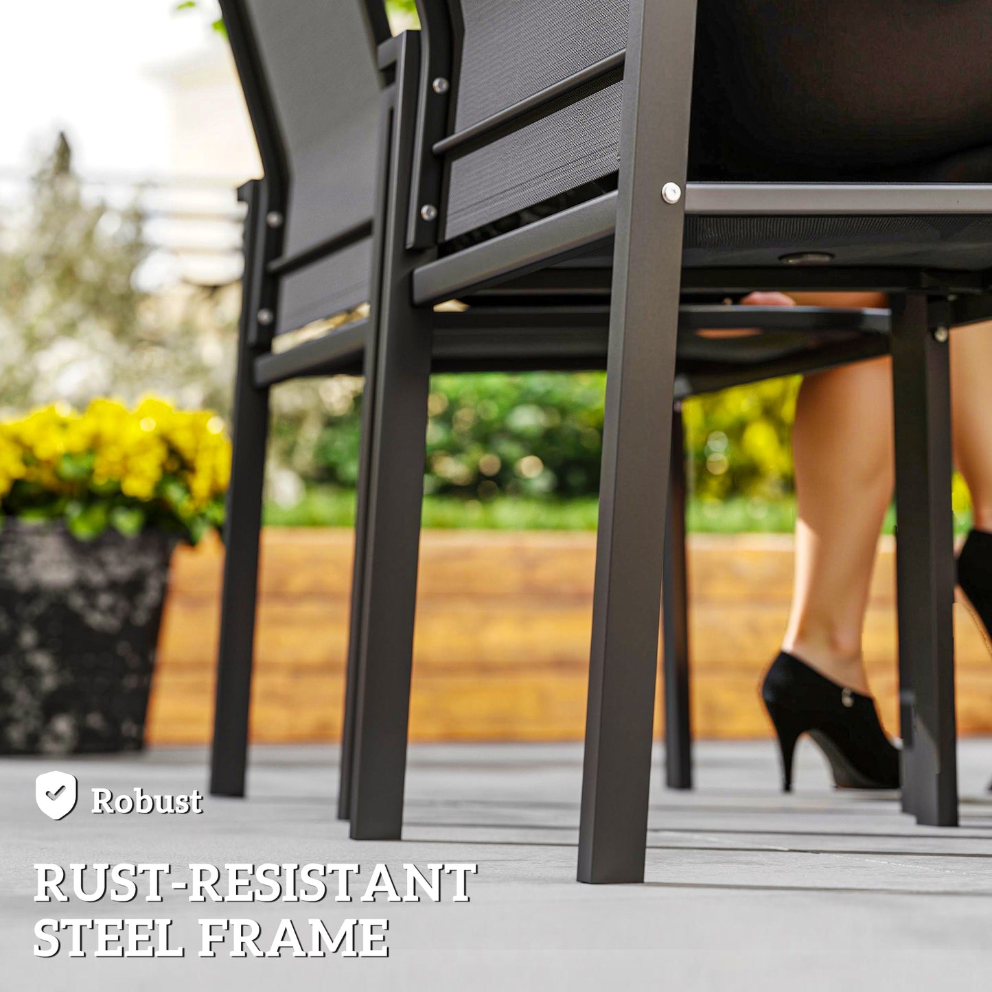 Set of 2 Outdoor Stackable Garden Dining Chairs, Patio Chairs with Breathable Fabric Seat, Armrests and Backrest for Patio, Balcony and Backyard, Dark Grey
