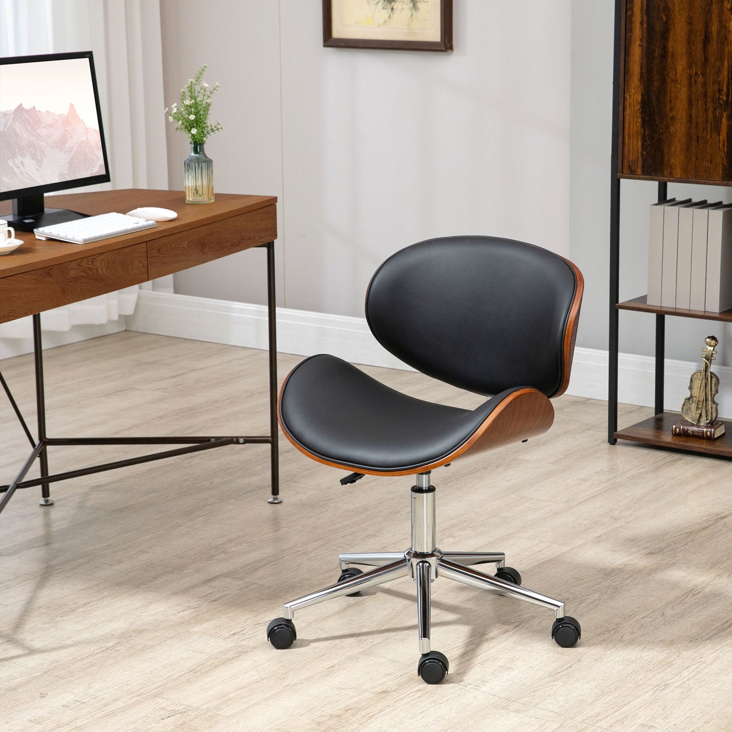 Office Chair, Faux Leather and Bentwood Computer Desk Chair with 360 Degree Swivel Wheels, Adjustable Height and Curved Seat, Black