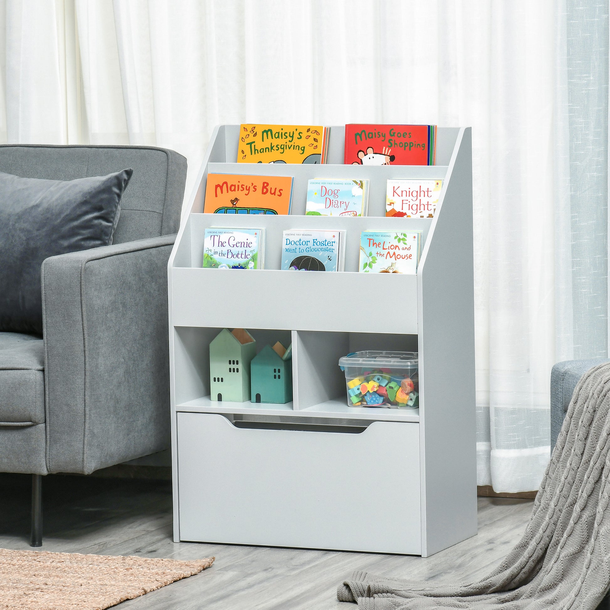 Kids Bookcase Multi-Shelf Rack Organizer with Storage Drawer for Books for Reading Nook, Classroom, Bedroom, Playroom, Grey