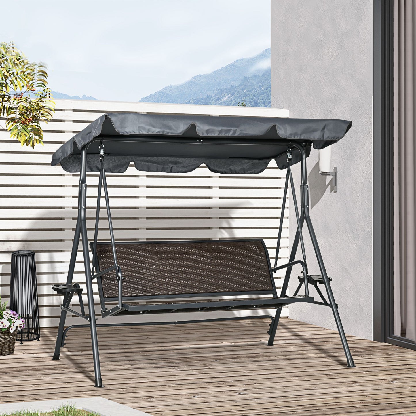 3-Seat Patio Swing Chair, Outdoor Canopy Swing Glider with Adjustable Shade, Rattan Seat and Steel Frame, for Porch, Garden, Poolside, Dark Grey