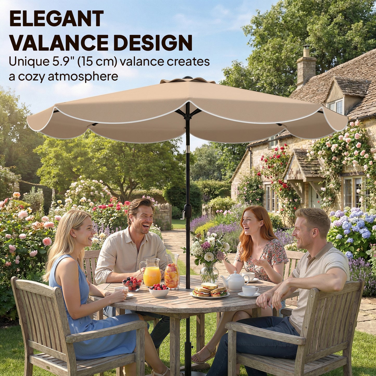 9' x 9' Round Market Umbrella with Valance, Patio Umbrella with Tilt and Crank, for Garden, Deck, Poolside, Khaki