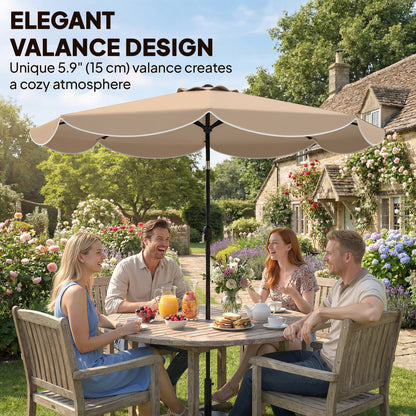 9' x 9' Round Market Umbrella with Valance, Patio Umbrella with Tilt and Crank, for Garden, Deck, Poolside, Khaki