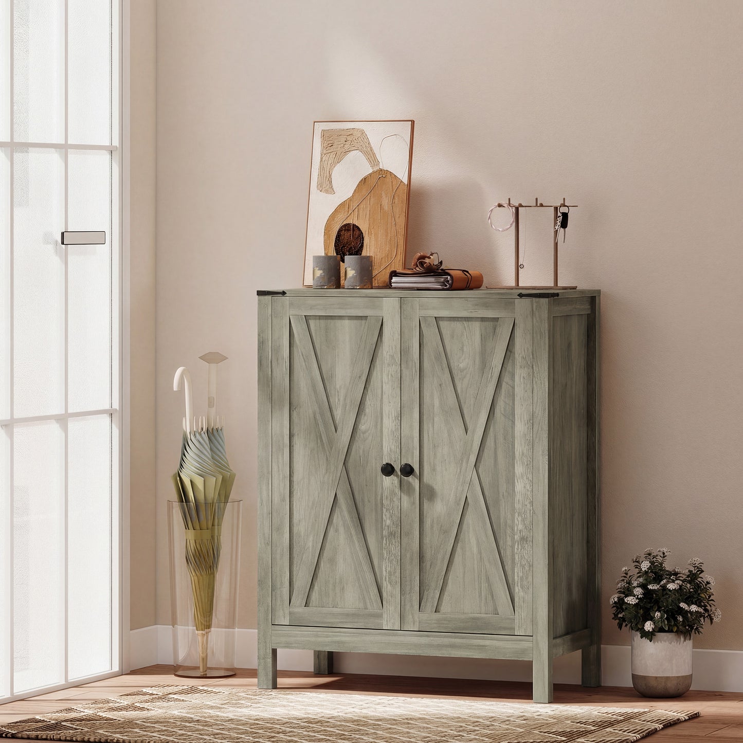 Shoe Cabinet with Barn Doors, Farmhouse Shoe Storage Cabinet with Adjustable Shelves, Holds up to 15 Pairs, Grey