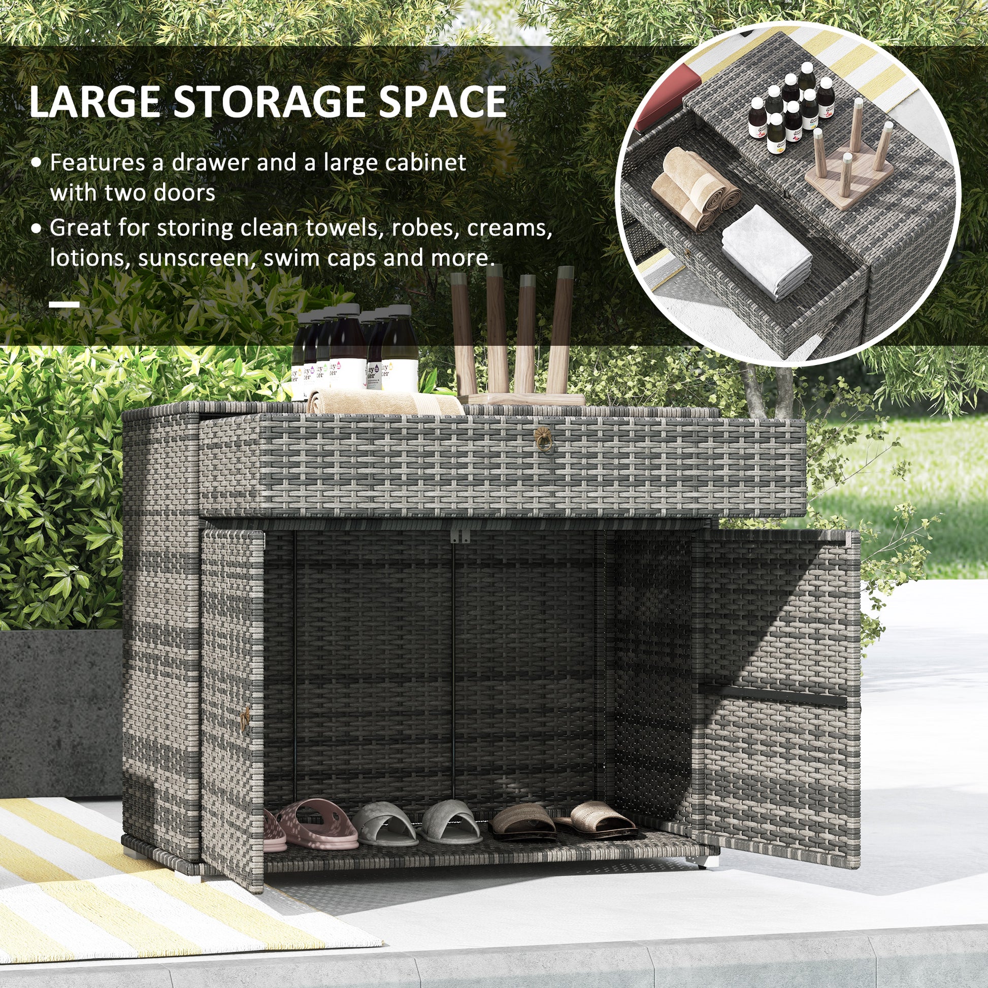 Outdoor Storage Cabinet, Wicker 2-Door Pool Towel Storage Cabinet with Drawer, PE Rattan Pool Organizer, Grey