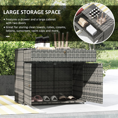 Outdoor Storage Cabinet, Wicker 2-Door Pool Towel Storage Cabinet with Drawer, PE Rattan Pool Organizer, Grey