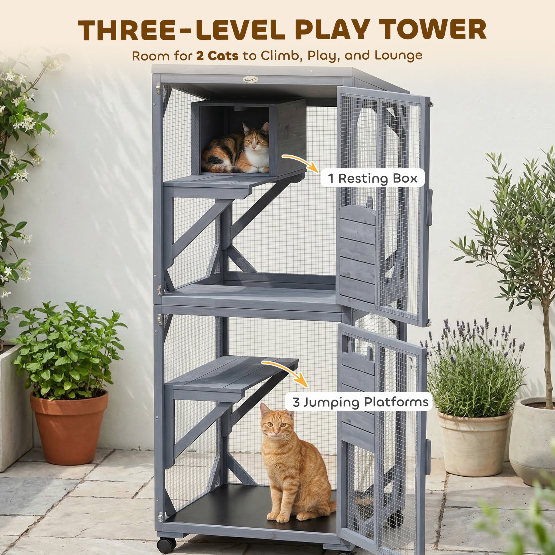 Movable Catio Outdoor Cat Enclosure with Resting Box, 3 Jumping Platforms, Waterproof Asphalt Roof for Outdoor Indoor
