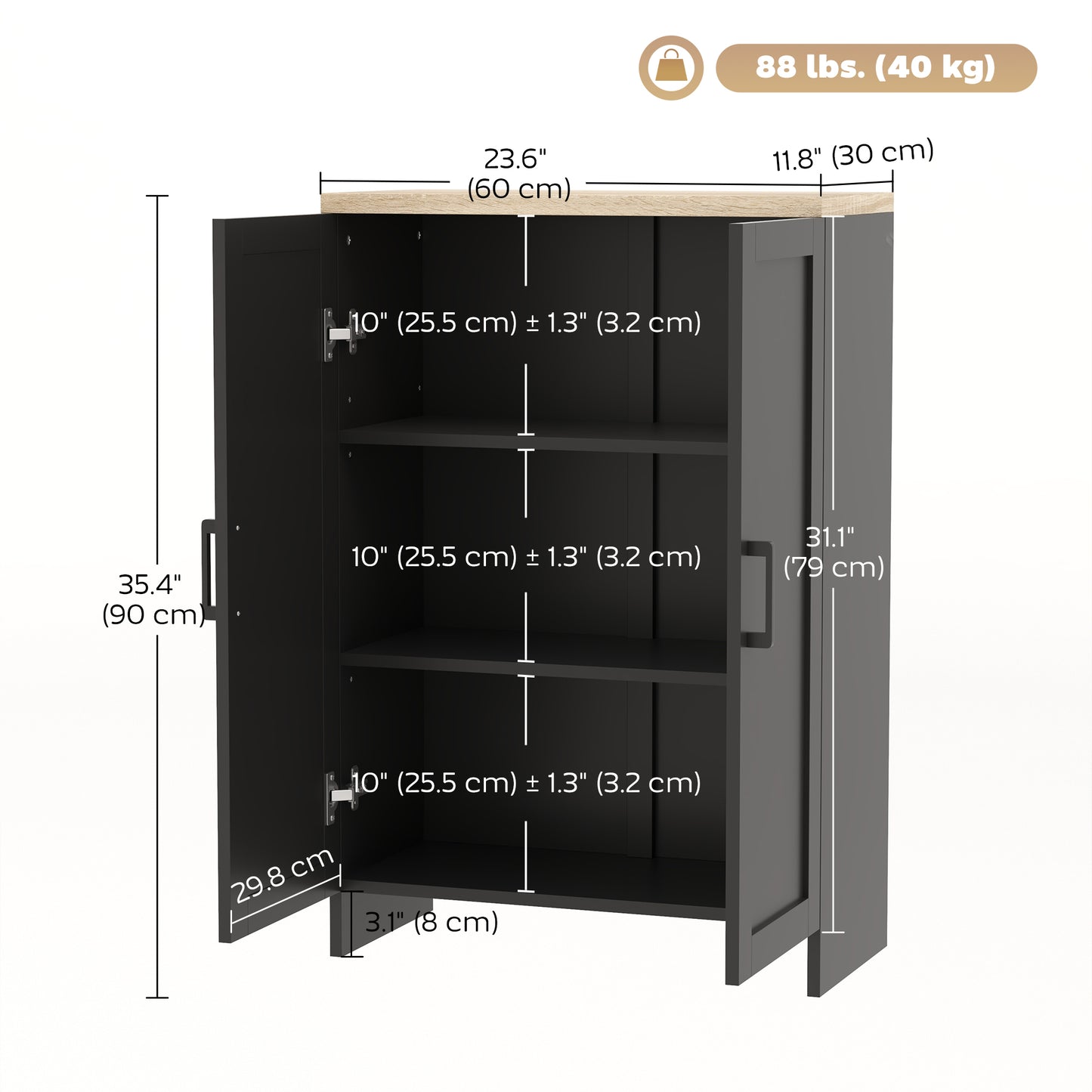 Modern Storage Cabinet with Doors and Adjustable Shelf for Kitchen, Living room, 23.6" x 11.8" x 35.4", Black
