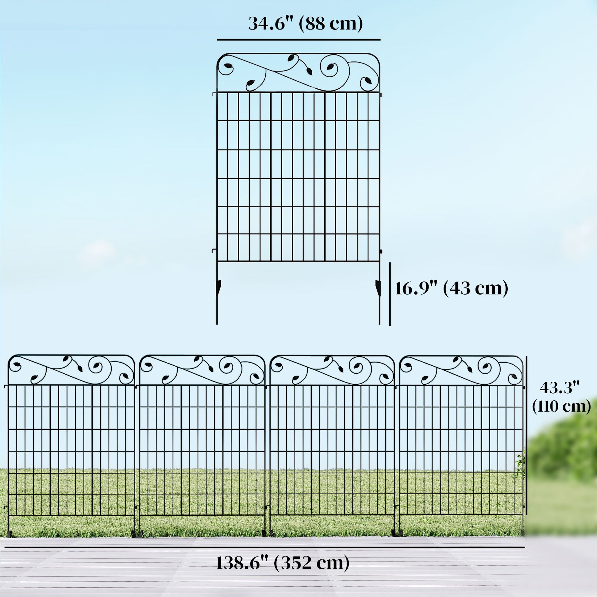 Outdoor Metal Garden Fence Panels, Border Edging for Yard, Patio, 4 Pack, Square Vines