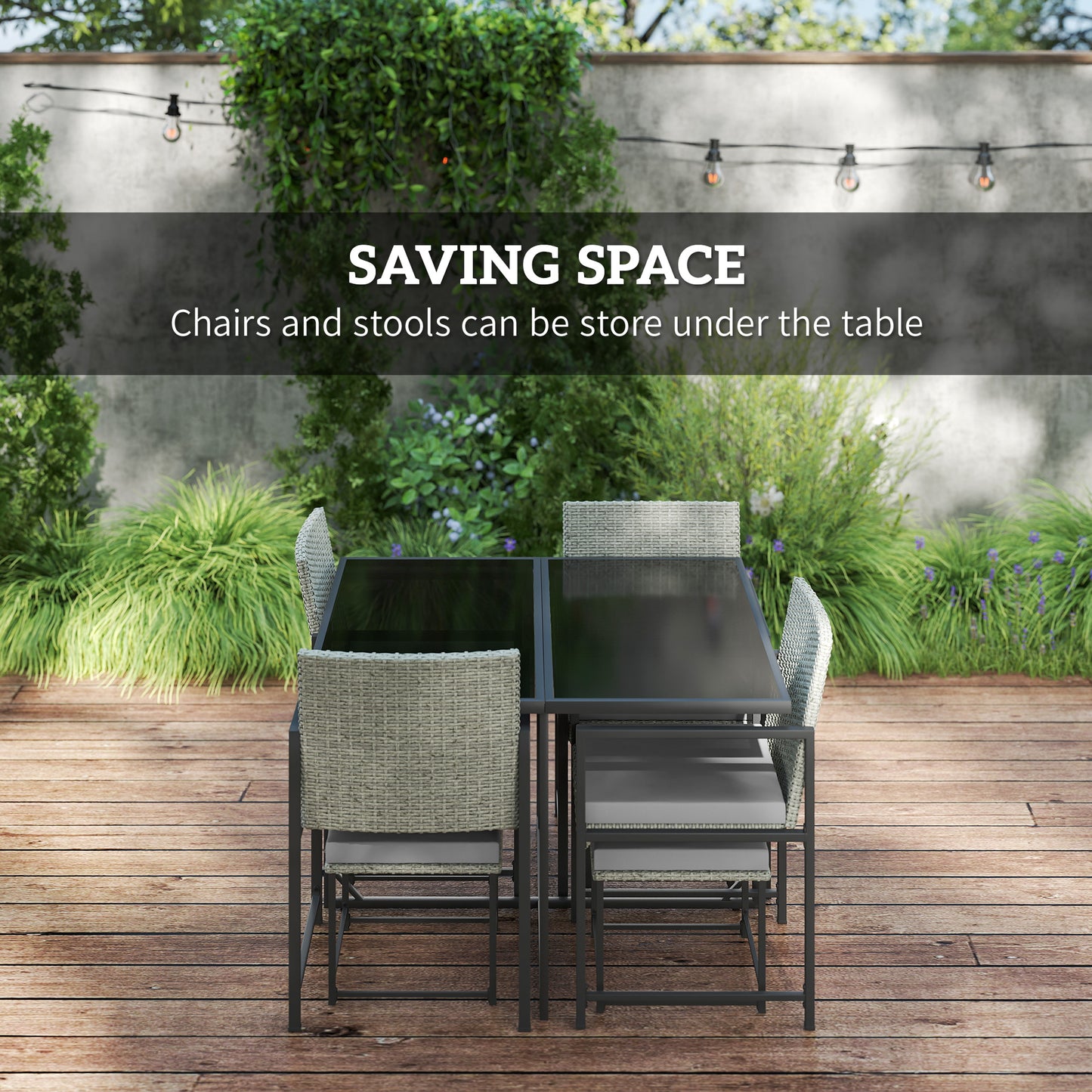 9 Pieces Wicker Patio Dining Set with 4 Armchairs, 4 Stools, Tempered Glass Top, Removable Cushions, Light Grey
