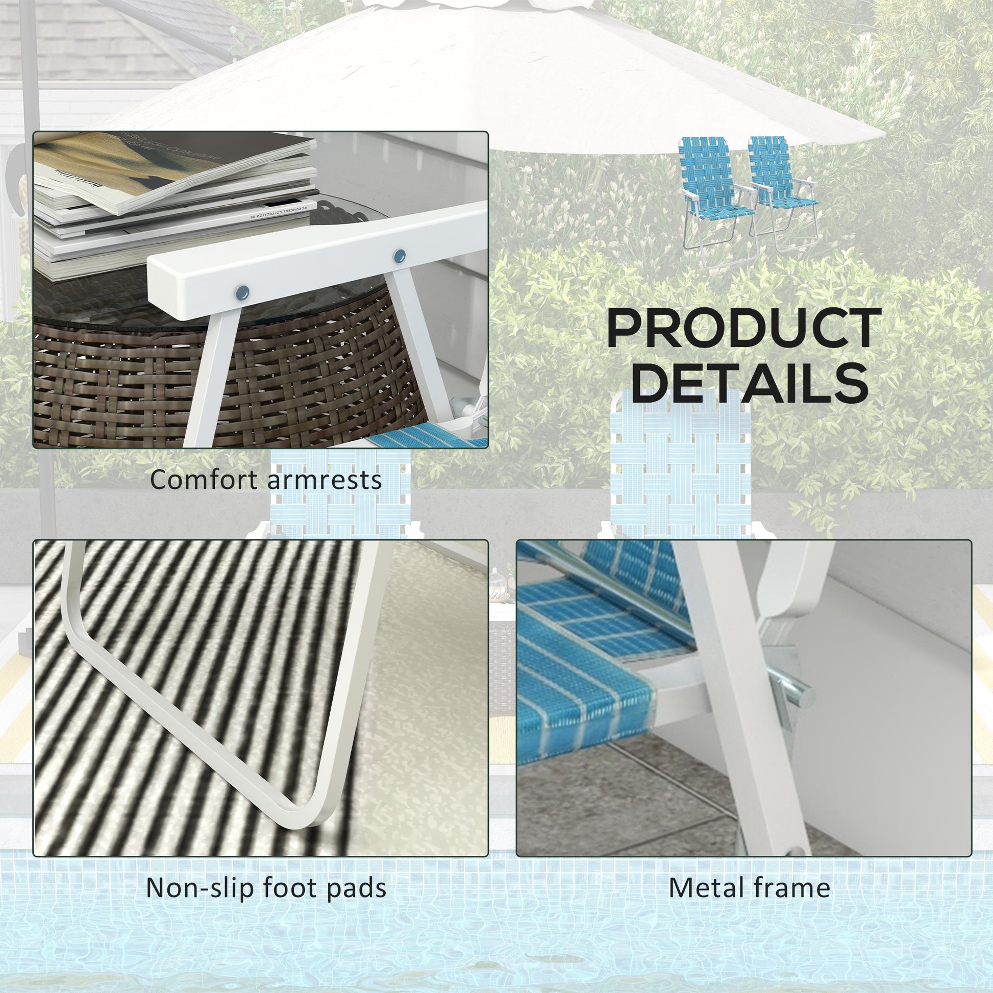 Set of 2 Folding Patio Chairs, Portable Chair Set with Armrests for Camping, Garden, Pool, Beach, Backyard, Blue
