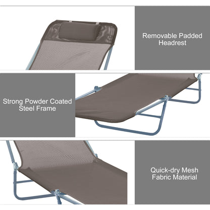 Outdoor Lounge Chair, Portable Adjustable Reclining Seat Folding Chaise Lounge Patio Camping Beach Tanning Chair Bed with Pillow, Brown