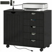 Mobile Lateral Filing Cabinet with 5 Drawers, Printer Stand with Power Outlets and USB Ports for Home Office, Black