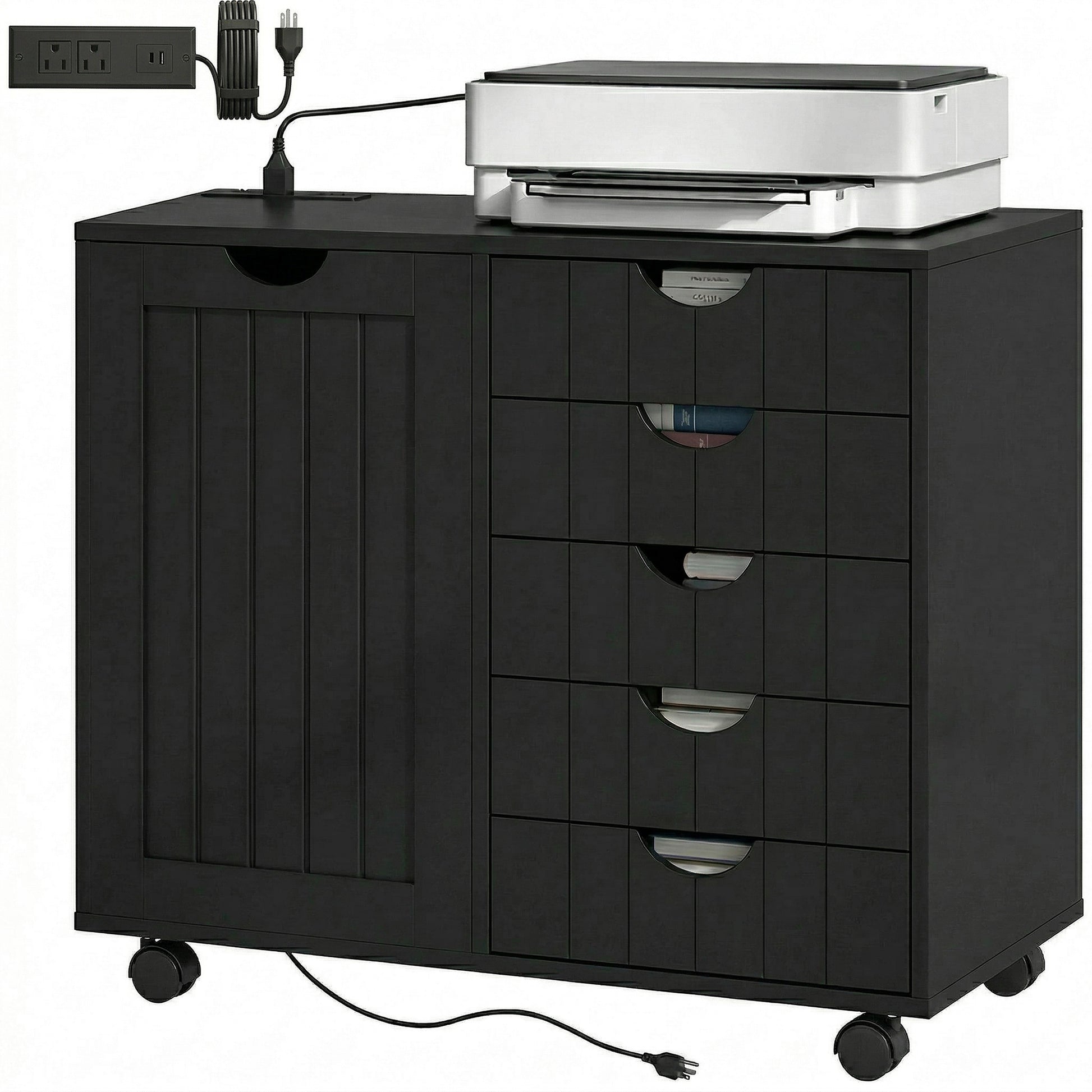 Mobile Lateral Filing Cabinet with 5 Drawers, Printer Stand with Power Outlets and USB Ports for Home Office, Black