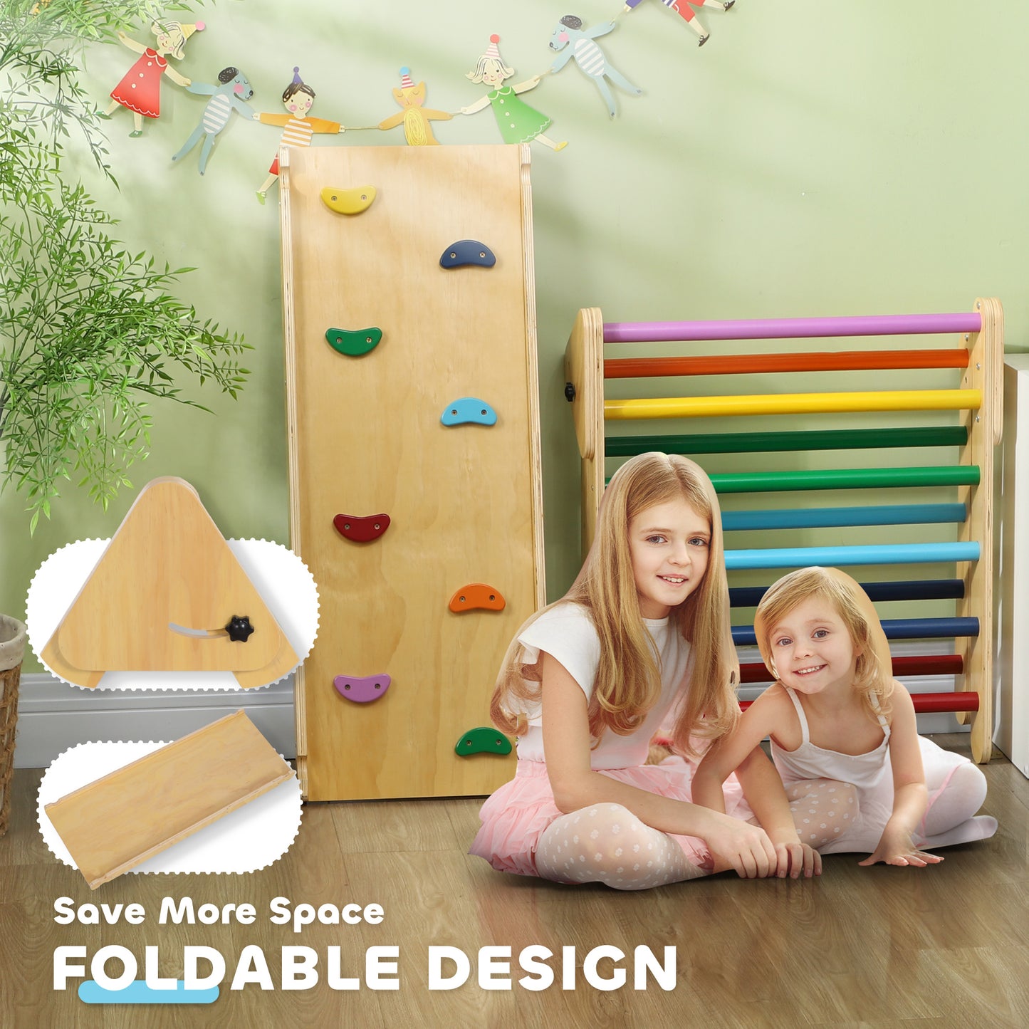 Qaba Pikler Triangle Set, 3 in 1 Climbing Toys with Ramp for Toddlers, Nature Wood
