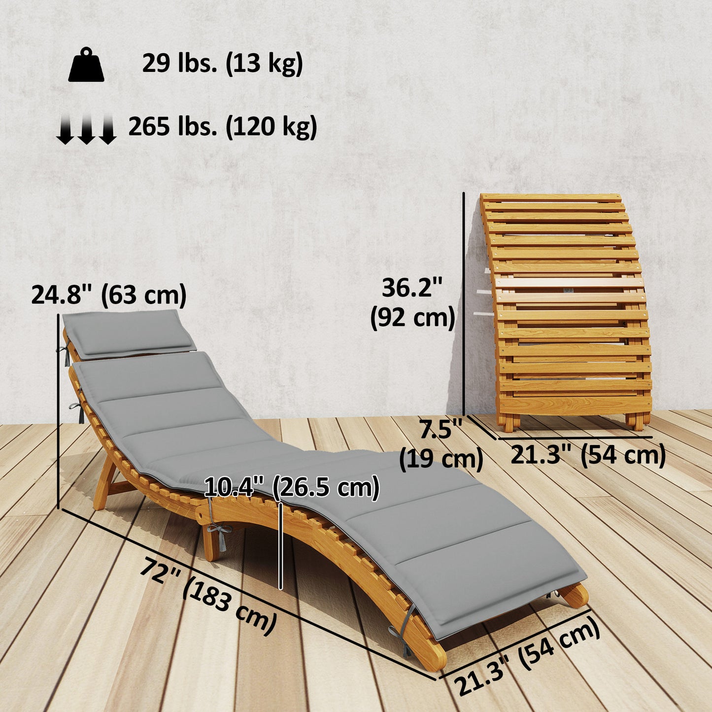 Folding Chaise Lounge Chair Outdoor, Acacia Wood Lounger Tanning Chair with Cushion, Headrest, Light Grey