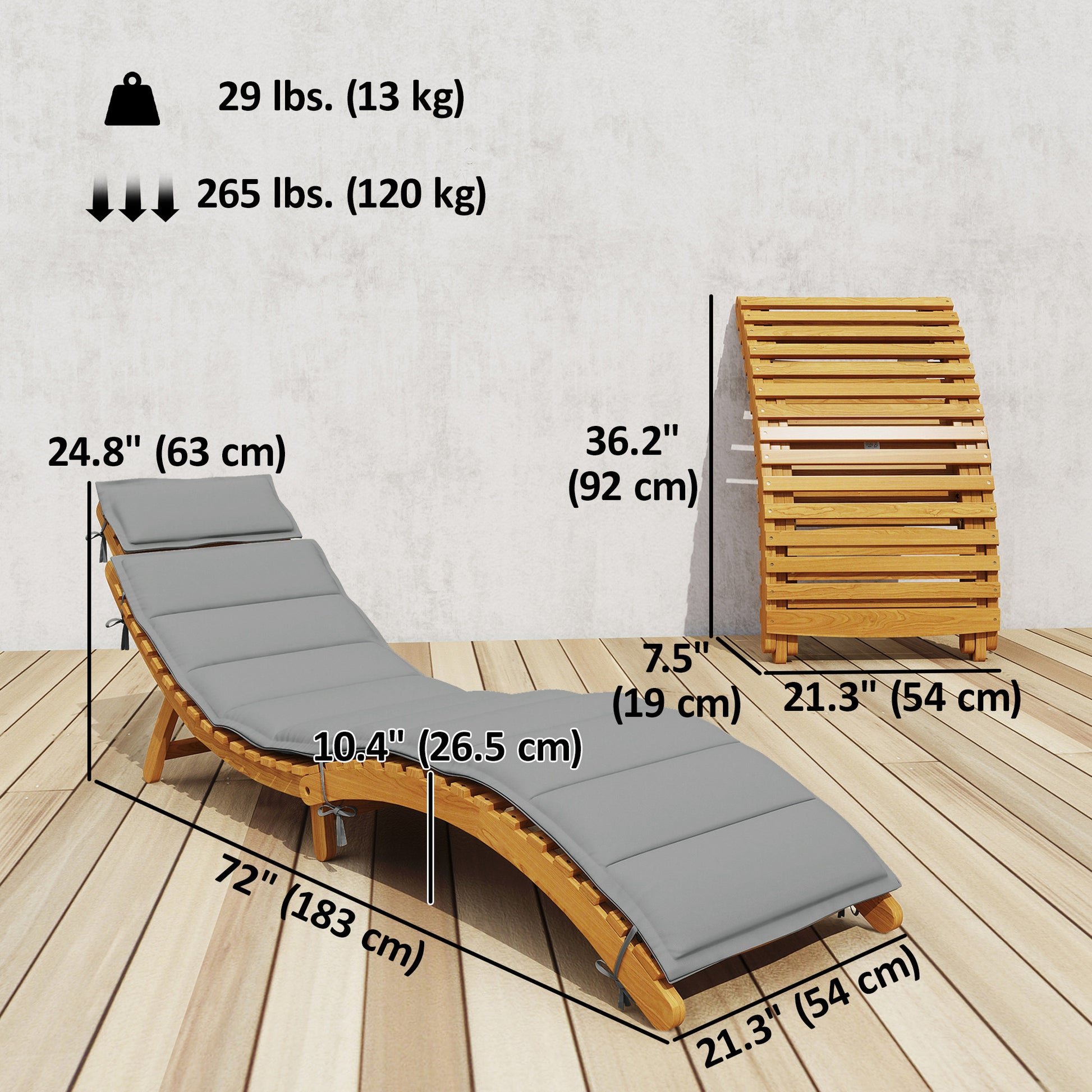 Folding Chaise Lounge Chair Outdoor, Acacia Wood Lounger Tanning Chair with Cushion, Headrest, Light Grey