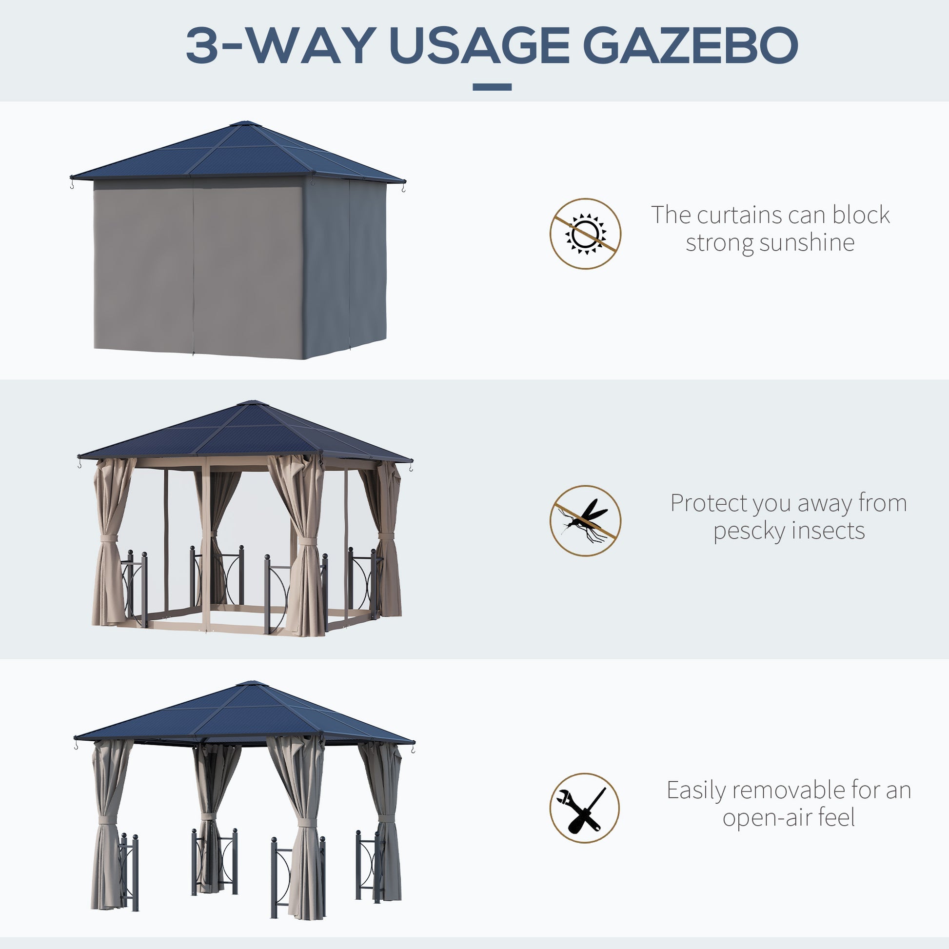 10' x 10' Hardtop Gazebo with PC Board Roof and Aluminum Frame, Patio Gazebo with Curtains and Netting for Party Wedding Marquee Tent, Black