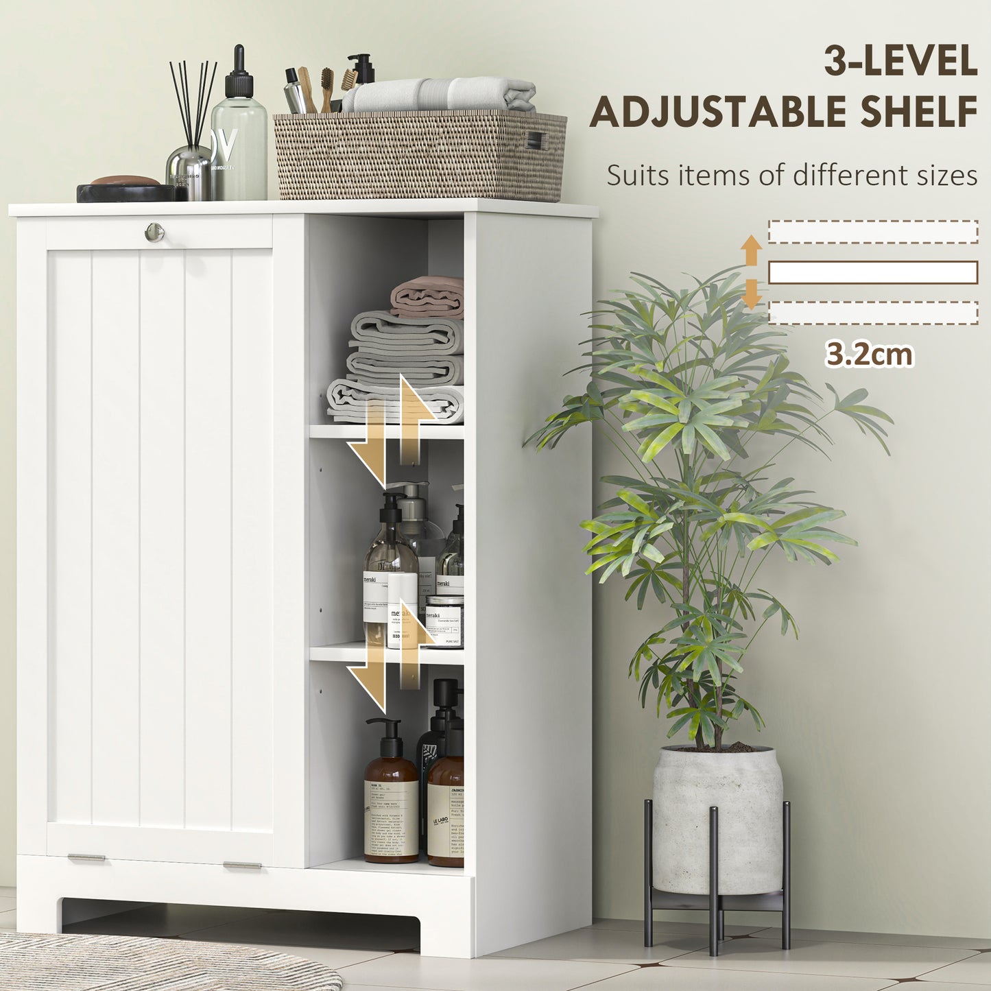 Laundry Cabinet with Removable Basket, Tilt Out Laundry Hamper with Adjustable Shelf and Open Compartments, White