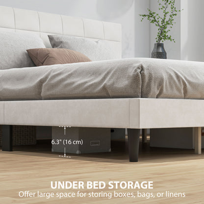 King Size Bed Frame with Upholstered Headboard, Modern Platform Bed Frame with Wood Slats, 1100 lbs Capacity, Cream White
