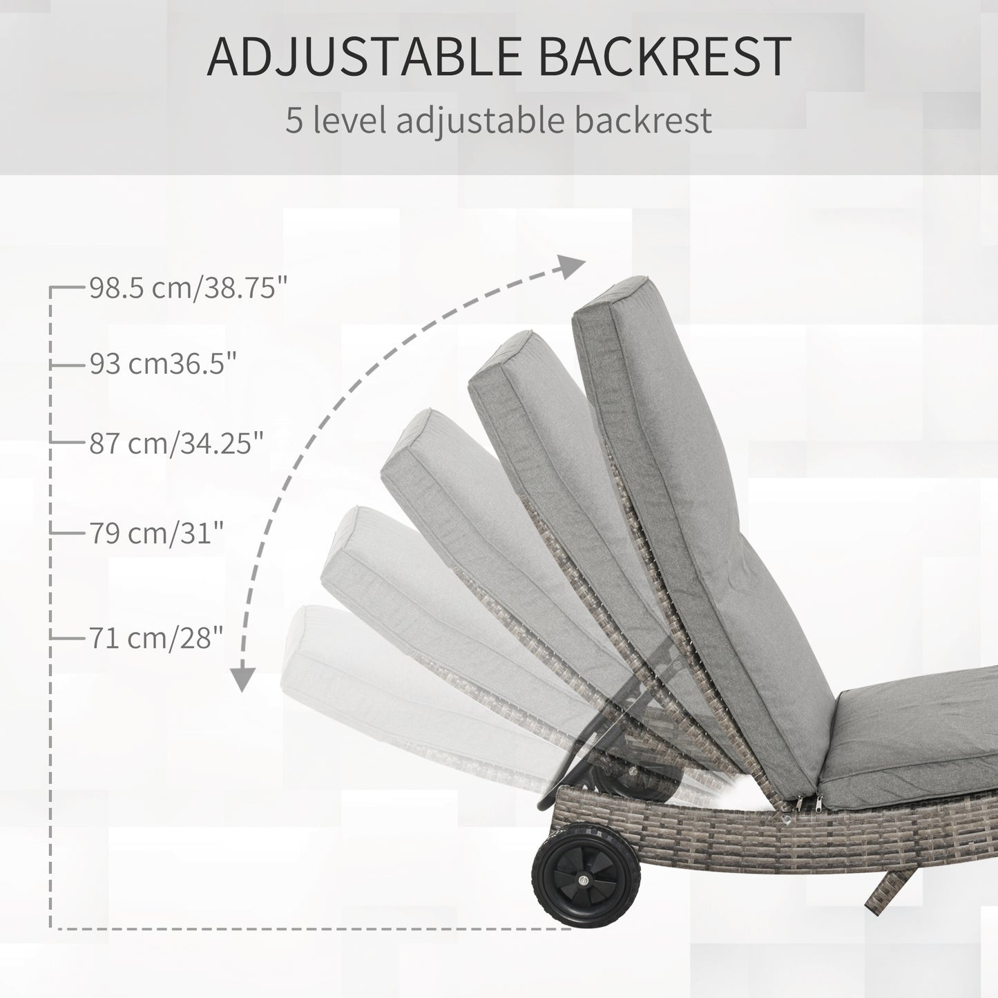 Outdoor Adjustable Wicker Chaise Lounge Chair with Cushion & Wheels for Patio, Deck, Poolside, Grey