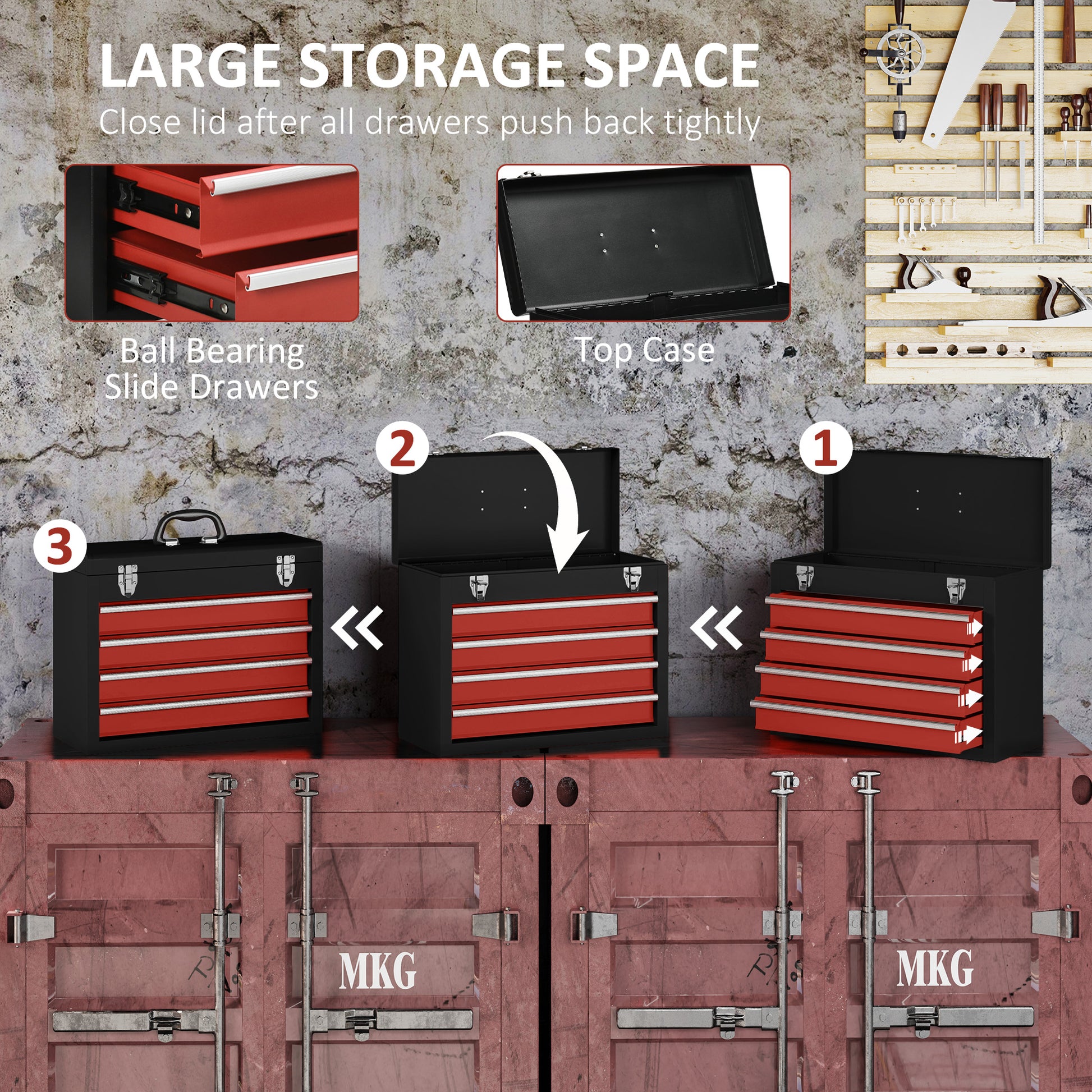 15.6" Tall Portable Metal Tool Box with Metal Latch Closure, 4 Drawer Lockable Tool Chest with Ball-bearing Slider for Garage, Household and Warehouse, Red