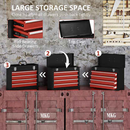 15.6" Tall Portable Metal Tool Box with Metal Latch Closure, 4 Drawer Lockable Tool Chest with Ball-bearing Slider for Garage, Household and Warehouse, Red