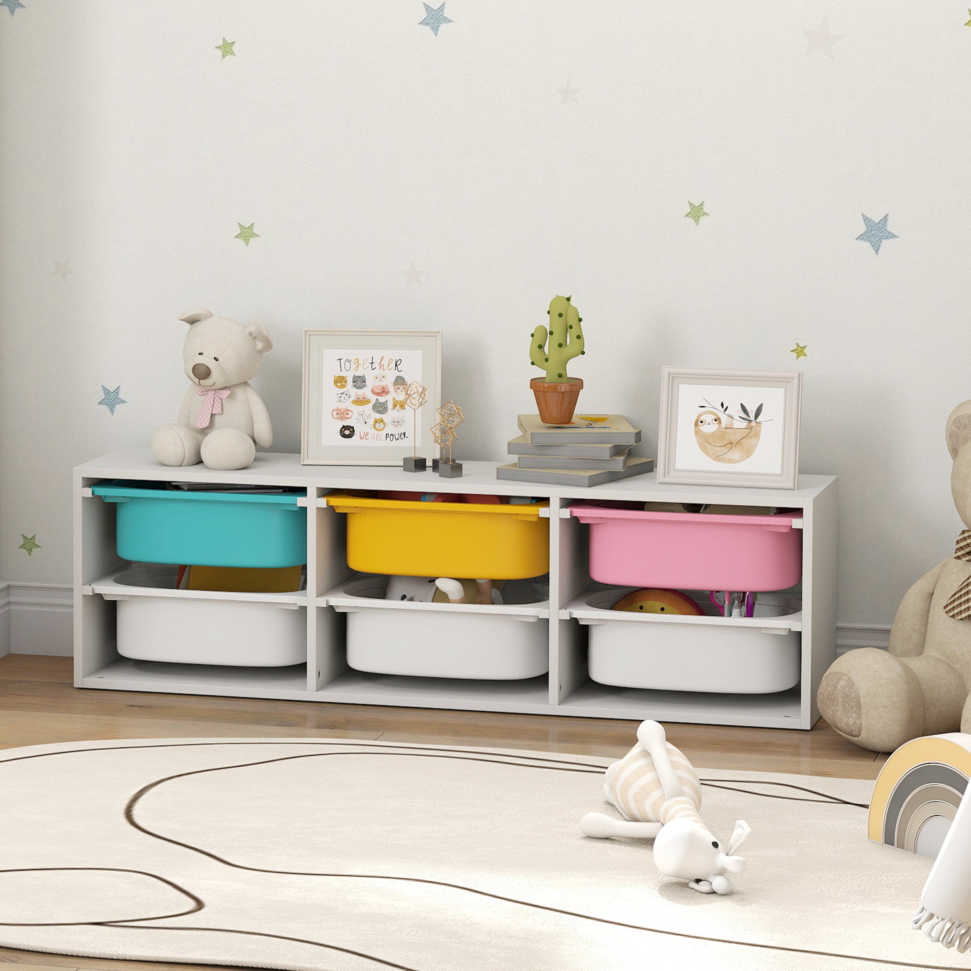 Qaba Kids Toy Storage Organizer with 6 Removable Plastic Bins for Toddlers, Toy Box for Bedroom, Nursery, Playroom