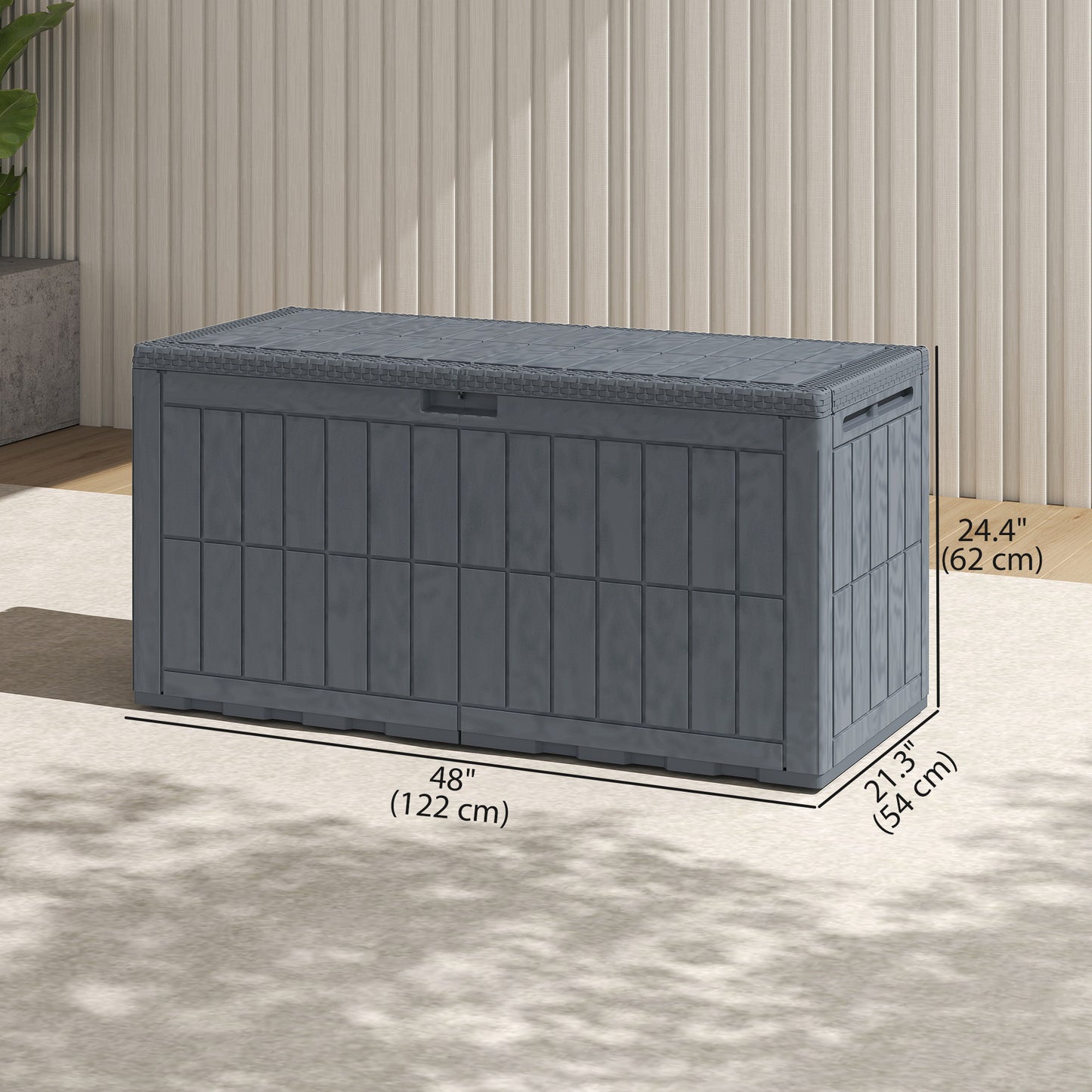 100 Gallon Resin Deck Box, Waterproof Lockable Outdoor Storage Box with Pneumatic Gas Rods, Side Handles