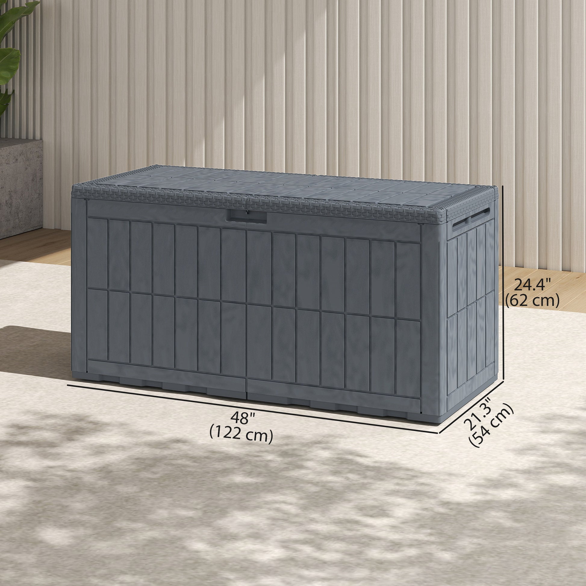 100 Gallon Resin Deck Box, Waterproof Lockable Outdoor Storage Box with Pneumatic Gas Rods, Side Handles