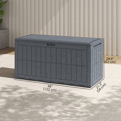100 Gallon Resin Deck Box, Waterproof Lockable Outdoor Storage Box with Pneumatic Gas Rods, Side Handles