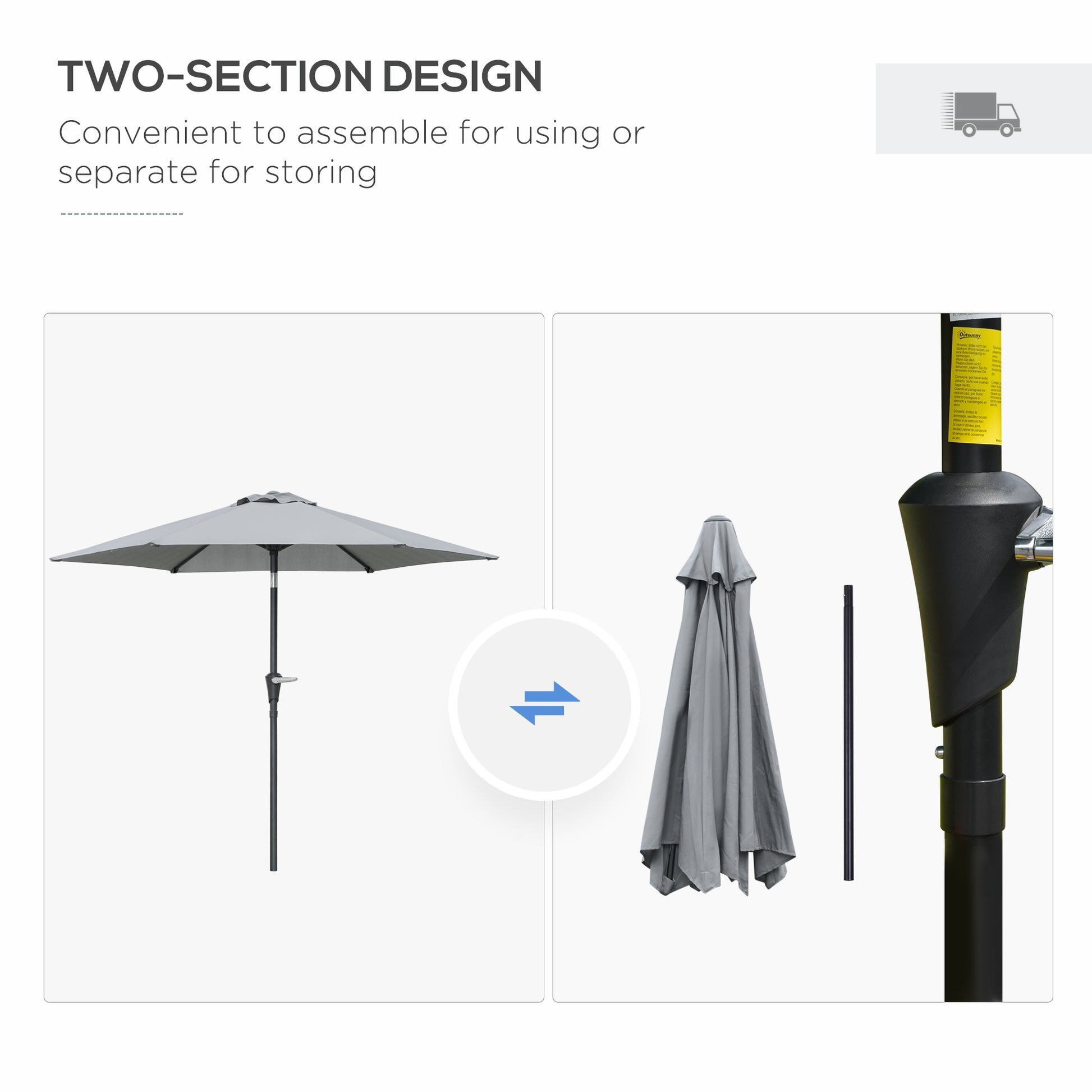 Patio Sun Umbrella, Outdoor Parasol with 6 Ribs, Light Grey