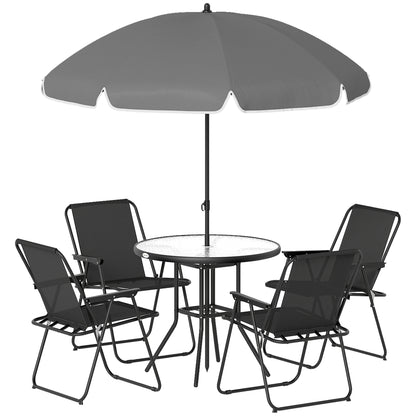 6 Pieces Patio Dining Set with Umbrella, Patio Furniture Set with Folding Chairs, Glass Table for Garden Backyard, Black