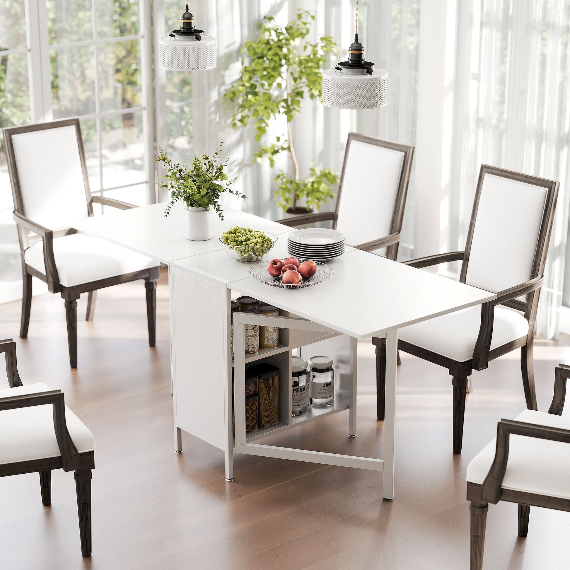 Multi-use Foldable Table with Hideaway Shelves, Drop Leaf Table for Kitchen, Dining, Study and Office, White