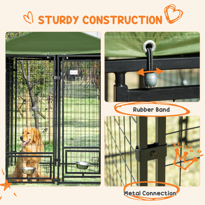 Outdoor Dog Kennel, Lockable Pet Playpen Crate, Welded Wire Steel Fence, Rotating Bowl Holders, Green