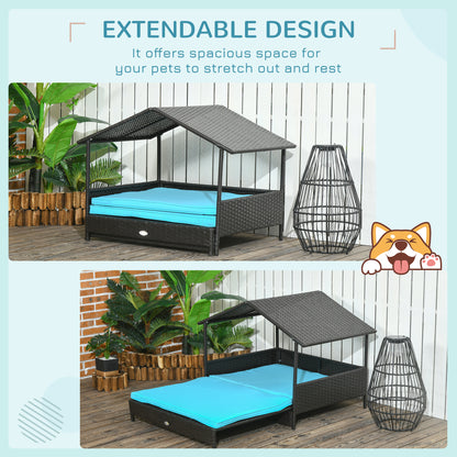 Rattan Dog House with Canopy, Wicker Dog Bed with Water-Resistant Cushion, for Small and Medium Breeds Blue