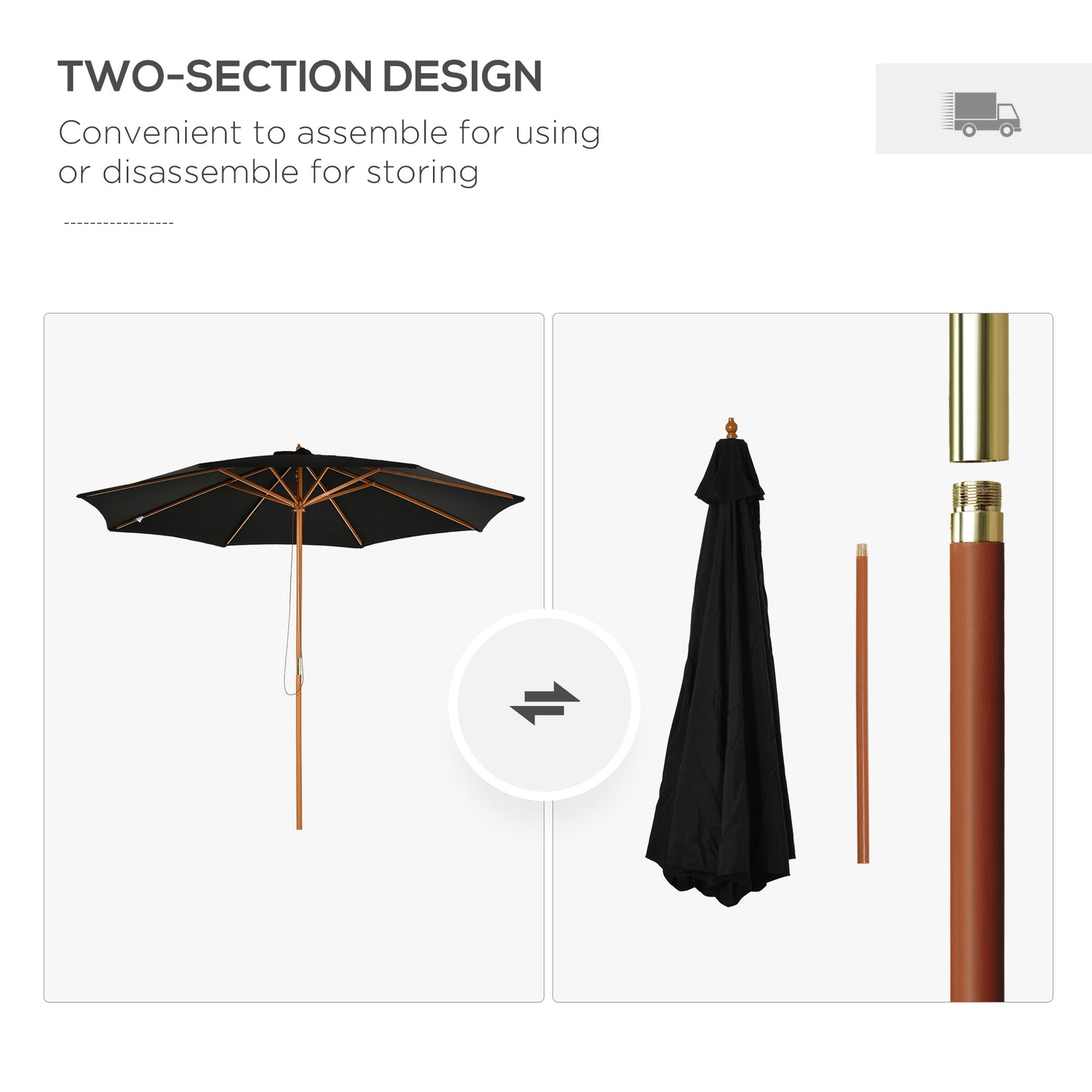 10' x 8' Wooden Patio Umbrella, Garden Parasol, Outdoor Sunshade Canopy with Bamboo Rib for Outdoor, Black