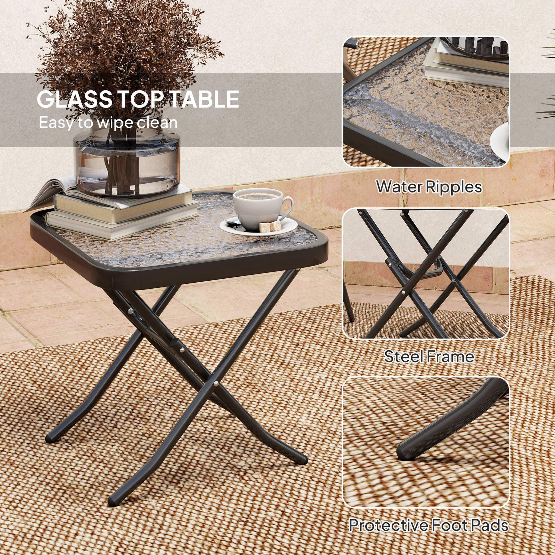 Folding Bistro Set, Small Patio Set with Back Adjustable Chairs and Glass Top Table for Garden, Balcony, Porch, Grey