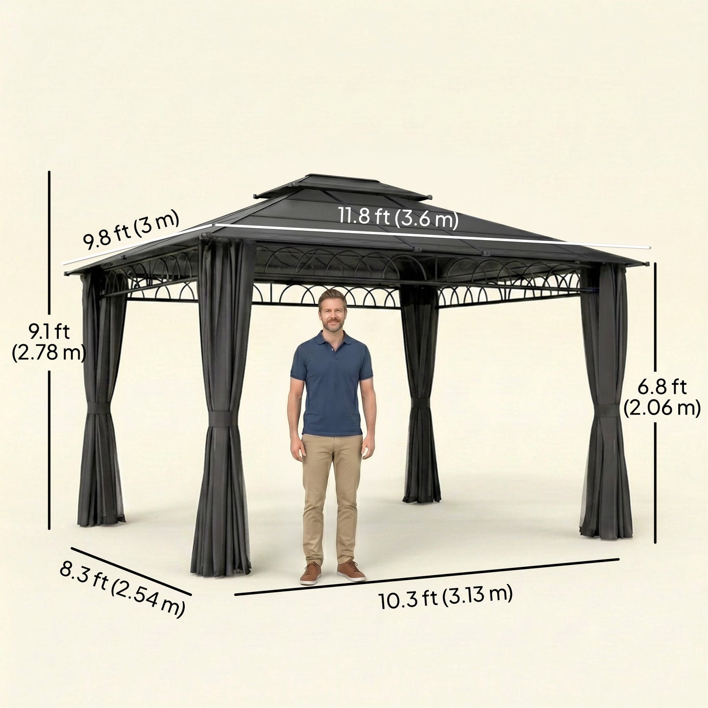 10' x 12' Outdoor Gazebo Canopy, Double Roof Hardtop Gazebo with Polycarbonate Roof, Steel Frame, Nettings and Curtains