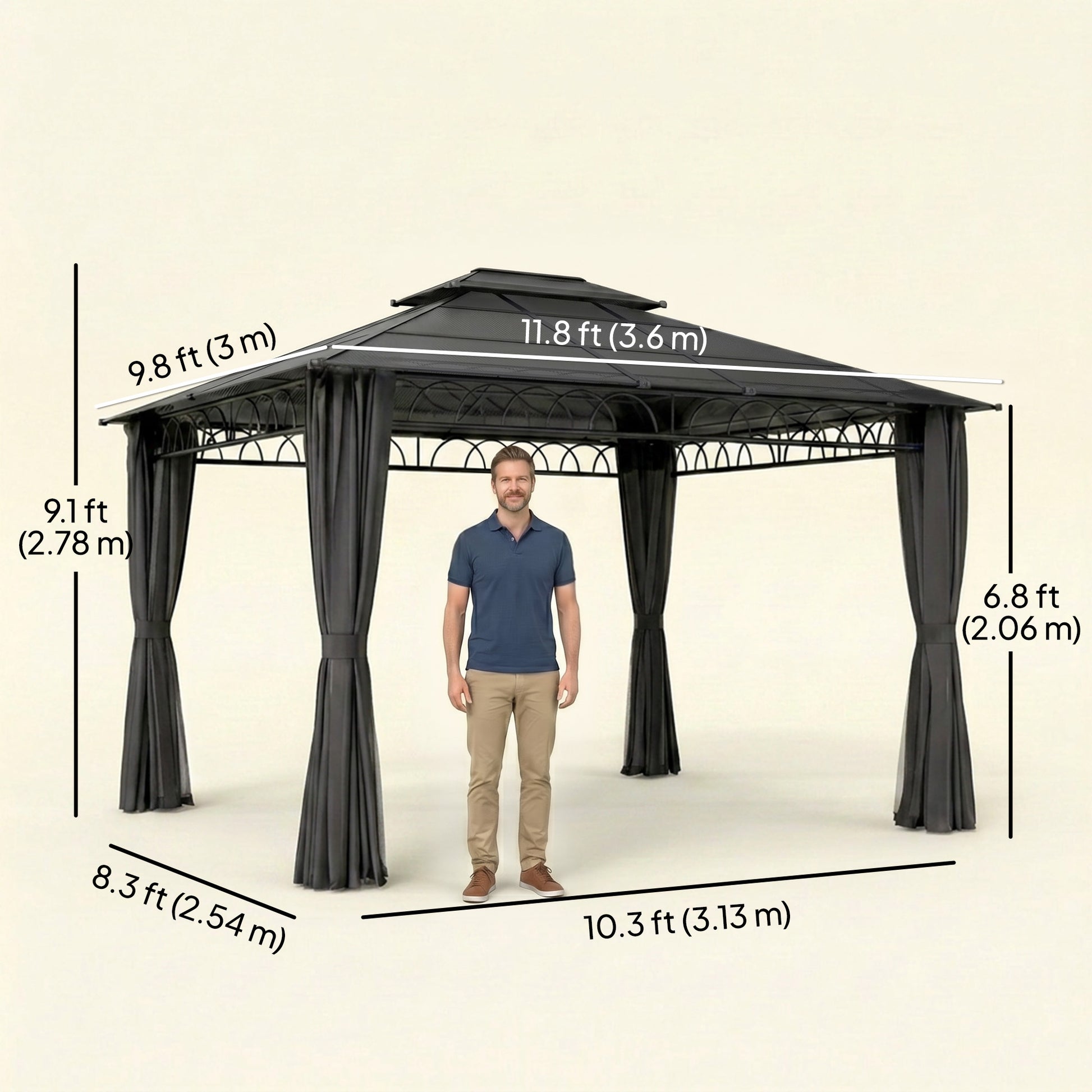10' x 12' Outdoor Gazebo Canopy, Double Roof Hardtop Gazebo with Polycarbonate Roof, Steel Frame, Nettings and Curtains