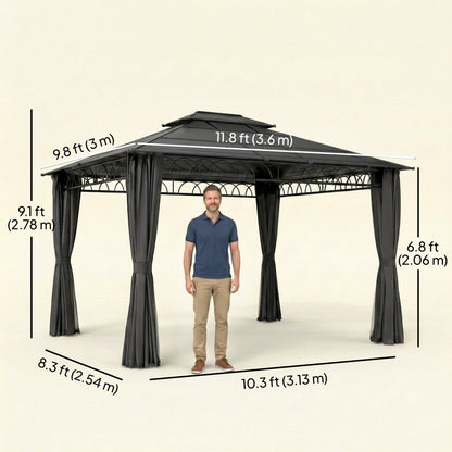 10' x 12' Outdoor Gazebo Canopy, Double Roof Hardtop Gazebo with Polycarbonate Roof, Steel Frame, Nettings and Curtains