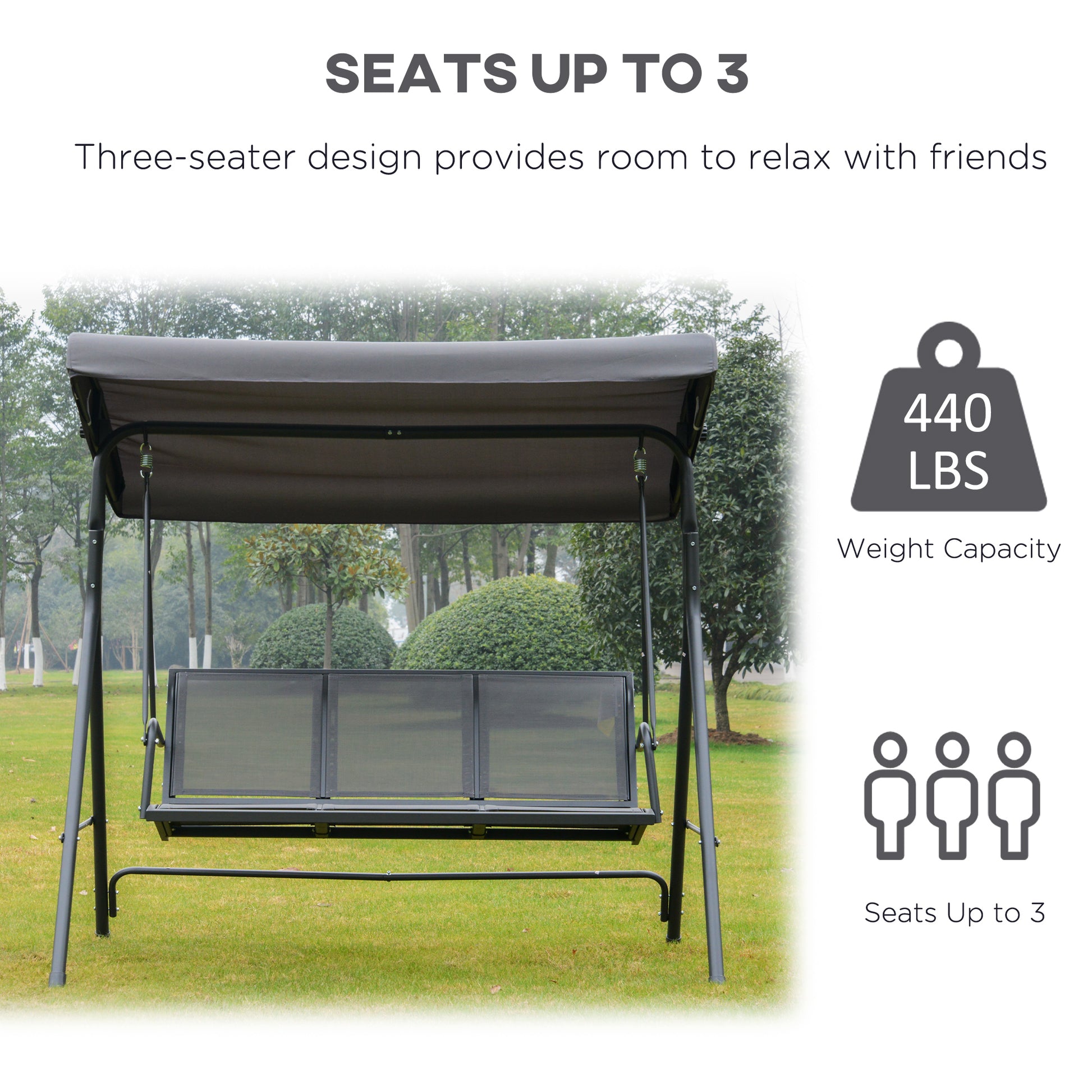 3-Seater Swing Chair Covered Garden Hammock A-Frame Outdoor Porch Glider Sling Seat with Adjustable Canopy Cover, Grey