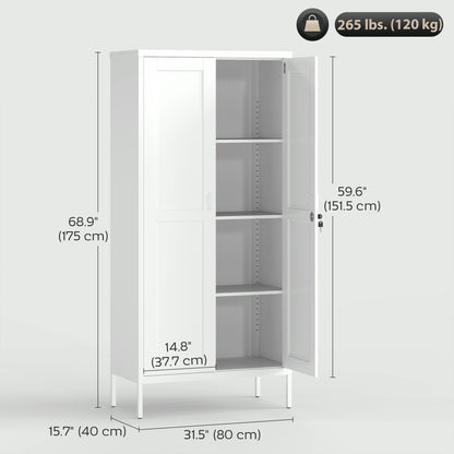 Office Storage Cabinet, Lockable Filing Cabinet with 3 Adjustable Shelves and 2 Doors for Home Office, Garage, White