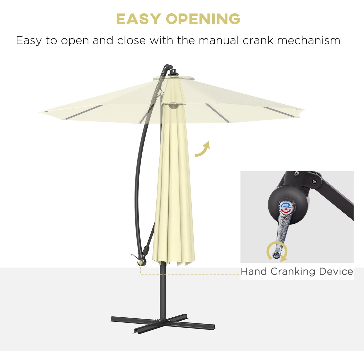 10' Deluxe Patio Umbrella, Outdoor Market Parasol, Banana Hanging Offset Sunshade with Crank, Cross Base, Beige