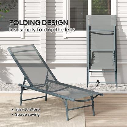 Folding Outdoor Lounge Chair, Reclining Chaise Lounge Tanning Chair w/ Adjustable Back, Mesh Seat, Light Grey