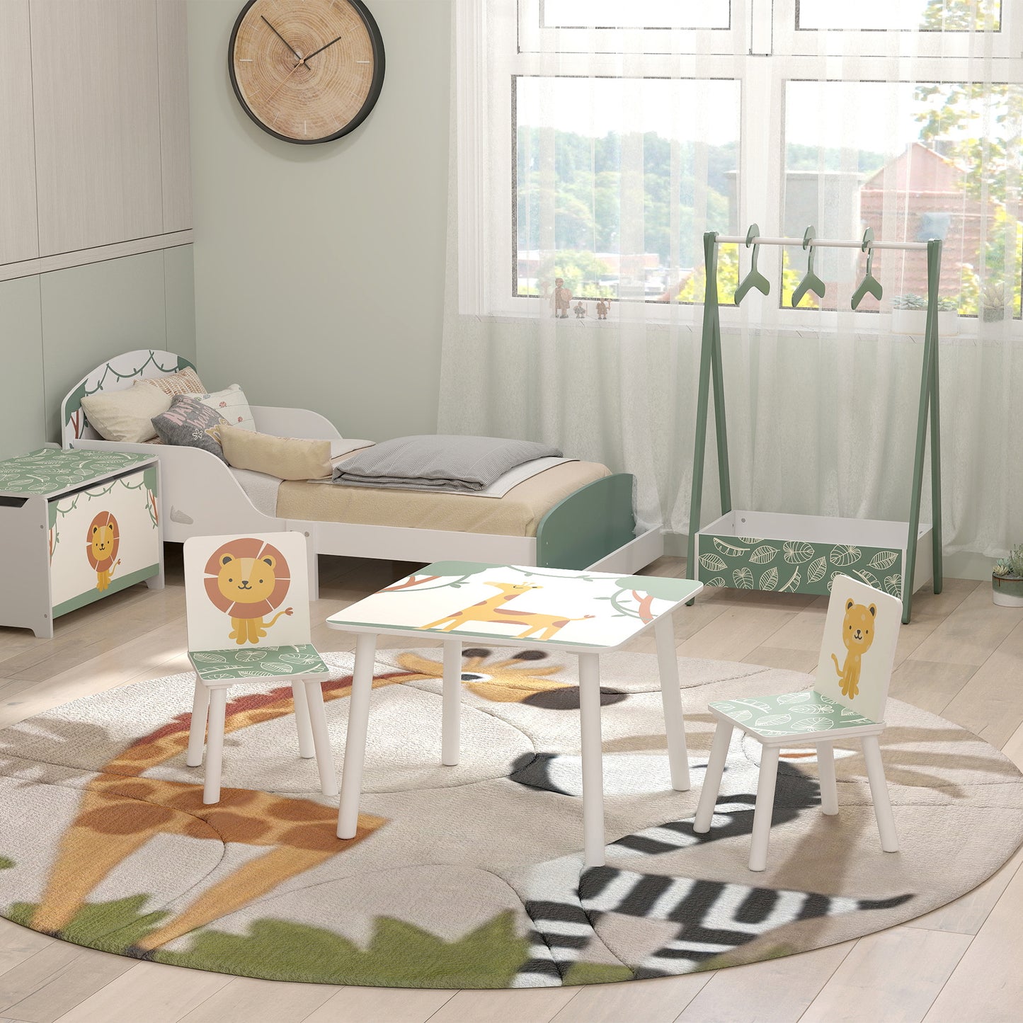 Qaba 3-Piece Kids Table and Chair Set with Animal Pattern for Boys and Girls Aged 3-8, Bedroom, Nursery, Playroom, Green