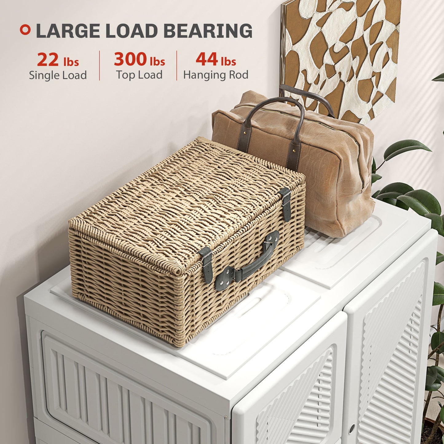 Portable Wardrobe, Foldable Storage Organzier with 5 Compartments, 1 Hanging Rod, Magnet Doors, White