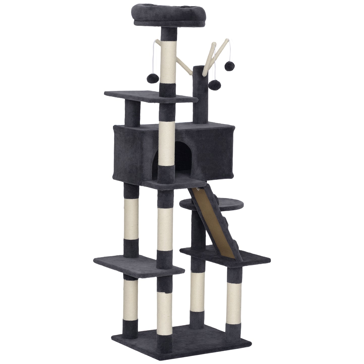 59 Inch Large Cat Tree with Sisal Scratching Posts, Cozy Condo, Top Perch, Ladder and Interactive Balls, Dark Grey