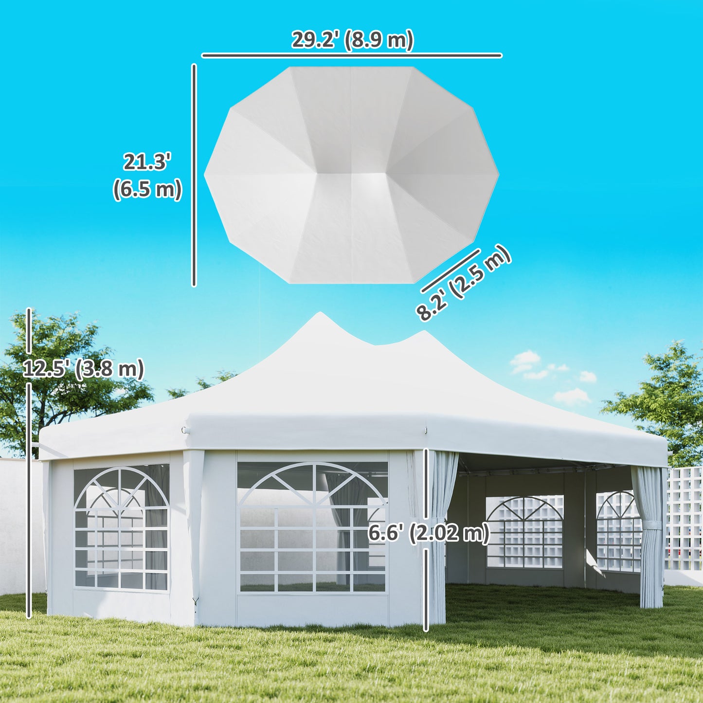 21' x 29' Wedding Event Party Tent, High Peak Decagonal Outdoor Gazebo Canopy with Removable Side Walls for Large Gatherings, White