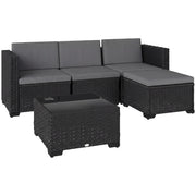 5 Piece Patio Furniture Set, L-Shape Wicker Outdoor Sectional with 3 Chairs, Ottoman, Glass Table, Cushions, Grey
